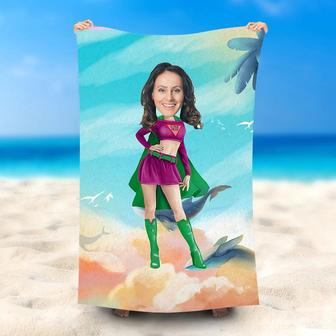 Personalized Supermom Green Cloak Beach Towel With Photo - Seseable