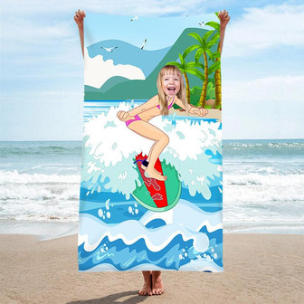 Personalized Surfing Girl Waves Mountain Beach Towel - Seseable