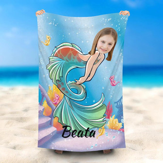 Personalized Swimming Mermaid Photo Beach Towel - Seseable