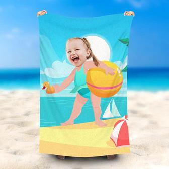 Personalized Swimsuit Girl Hold Ball Sky Beach Towel - Seseable