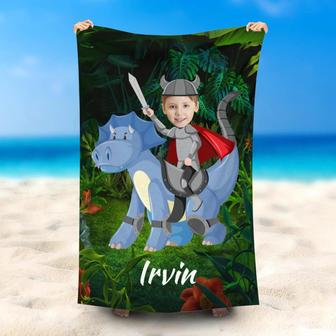 Personalized Triceratops Knight Boy Beach Towel - Seseable