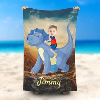 Personalized Triceratops Photo Beach Towel For Boy - Seseable