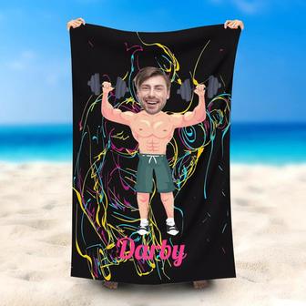 Personalized Weightlifting Man Name Black Beach Towel - Seseable
