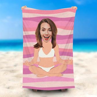 Personalized White Bikini Girl Face Stripe Beach Towel - Seseable