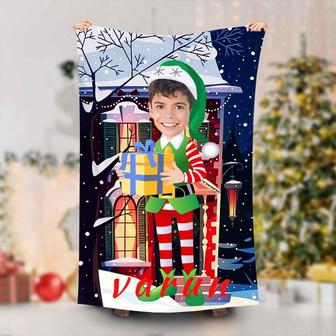 Personalized Xmas Elf Boy With Gift Beach Towel - Seseable
