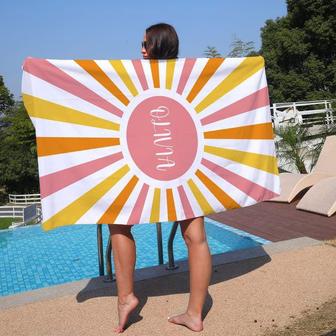 Personalized Yellow Pink Stripes Sunset Beach Towel - Seseable