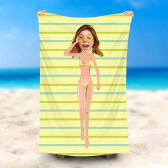 Personalized Yellow Stripe Bikini Beach Towel With Face - Seseable
