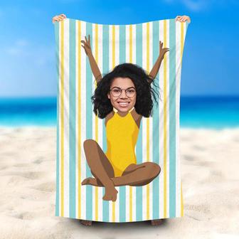 Personalized Yellow Tankini Beauty Beach Towel With Face - Seseable