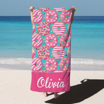 Pink Donuts Custom Name Beach Towel for Girl - Seseable