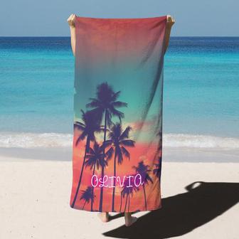 Summer Vibes Neon Custom Name Beach Towel for Holiday - Seseable