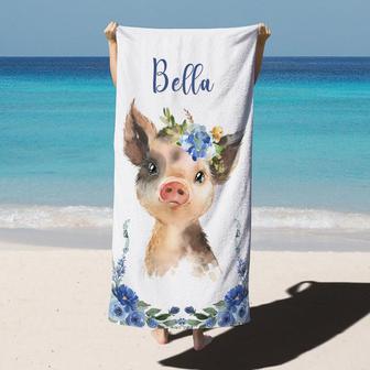 Watercolor Floral Pig Animal Baby Name Beach Towel - Seseable