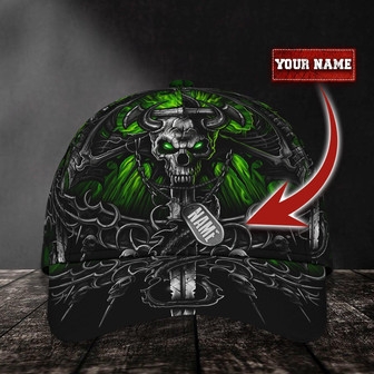 Custom Classic Cap Skull And Military Tag - Personalized Name Black Cap - Thegiftio