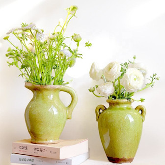 Chinese Style Green Crackled Transparent Glaze Urn Shape Ceramic Vase With Handles | Rusticozy