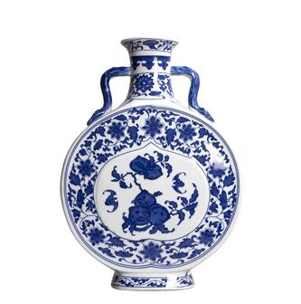 Antique Amphora Blue And White Binaural Vase Ceramic Flat Vintage Flower Vase | Rusticozy