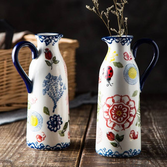 Household Family China Farmhouse Living Room Decoration Vintage Chinoiserie Ceramic Vase With Handle | Rusticozy