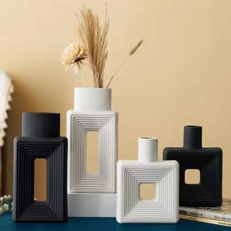 Black and White Modern Decor Minimalist Nordic Porcelain Vases Style Home Decor Square Ceramic Vase | Rusticozy