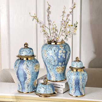 Blue Gold Line Luxury Ceramic Ginger Jar Modern Home Decor Vase For Ceramic Vase | Rusticozy