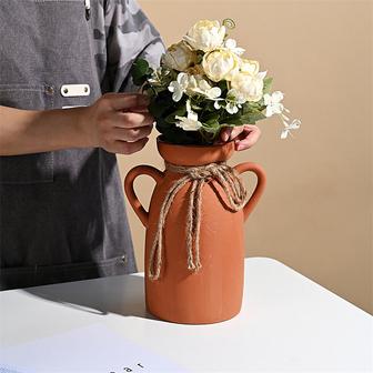 Brown Ceramic Vase Double Handles Terracotta Flower Bottle With Rope | Rusticozy DE