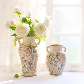 Green Vine Tabletop Small Vintage Floral Distressed Vase For Flower Home Decor | Rusticozy