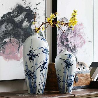 Hand Painted Blue Bamboo Pattern Chinese Classic Ceramic Home Office Hotel Decoration Porcelain Vase | Rusticozy CA