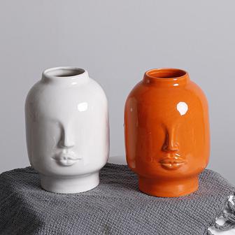 Handmade White Orange Porcelain Flower Pot Abstract Human Face Ceramic Vases For Home Decor | Rusticozy CA