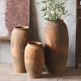 Home Decoration Floor Stripe Ceramic Interior Vase Vintage Terracotta Flower Vases | Rusticozy AU
