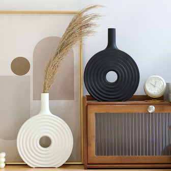 Matte Black White Round Stripe Lines Ceramic Vase Flower Arrangement Creative Floral Decoration | Rusticozy