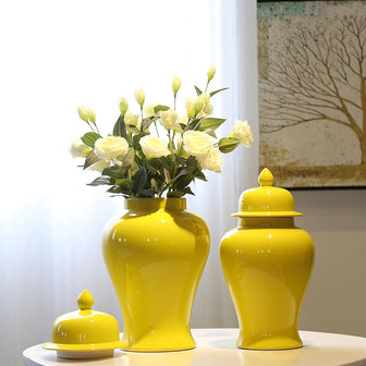Large Yellow Glazed Porcelain Ceramic Ginger Jar Flower Vase For Home Decor | Rusticozy