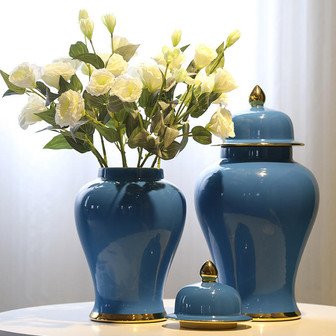 Large Navy Blue Glazed Porcelain Ceramic Ginger Jar Flower Vase With Gold Electroplated | Rusticozy