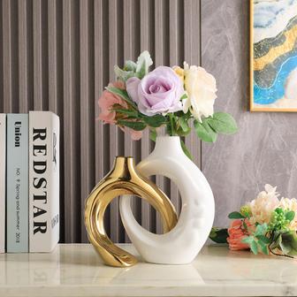 Luxury White Black Silver And Gold Home Hotel Decorative Ceramic Jar Flower Vase Set of 2 | Rusticozy