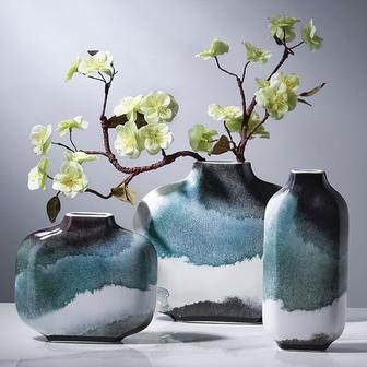 Modern Chinese Green Ink Design Handmade White Ceramic Flower Vases For Porcelain Home Decor Set of 3 | Rusticozy