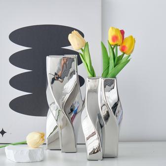 Modern Luxury Silver Vase Electroplated Ceramic Geometric Design For Home Decoration Wedding Decor | Rusticozy
