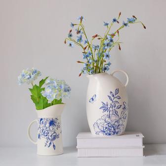 Multi-Use Water Pitcher Home Decor Flower White Blue Vintage Porcelain And Ceramic Vase | Rusticozy CA