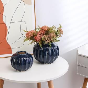 Navy Blue Glazed Ball Fancy Interior Flower Decor Round Luxury Porcelain Vases Set of 2 | Rusticozy