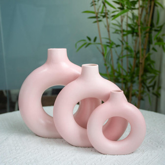 Nordic Pink Circular Vase Ceramic Ornaments Minimalist Home Floral Art Decoration | Rusticozy