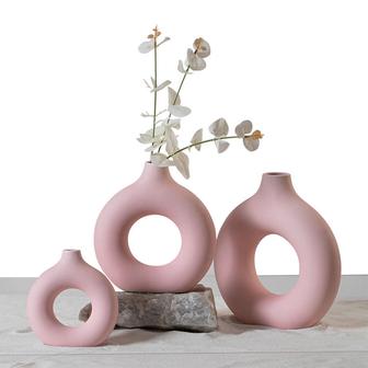Tabletop Donut Vase Pink Big Size Nordic Circular Hollow Ceramic Vase Decorations | Rusticozy UK