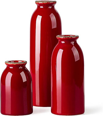 Red Set of 3 Table Centerpiece Farmhouse Vases For Dining Room Floral Arrangement Ceramic Vases | Rusticozy