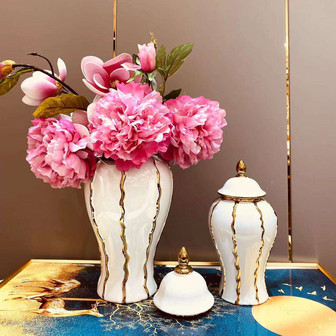 White And Gold Electroplating Large Tall Decorative Ceramic Ginger Jar With Lid Vase For Flower | Rusticozy