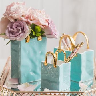 Nordic Creative Ceramic Handbag Inspired Small Mini Flower Bag Vase For Living Room Luxurious Handle | Rusticozy
