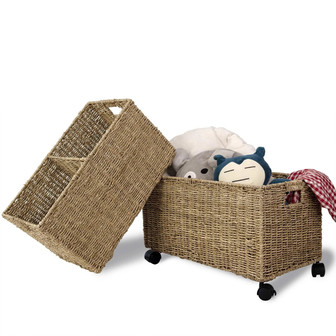 Set of 2 Rectangular Hand Woven Seagrass Storage Wicker Basket On Wheels For Home Storage Organization | Rusticozy AU