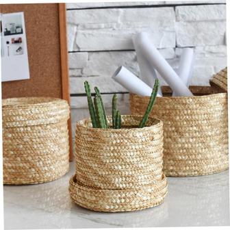 Set of 3 Woven Storage Box With Lid Wheat Straw Plant Baskets Round Finishing Storage Box | Rusticozy