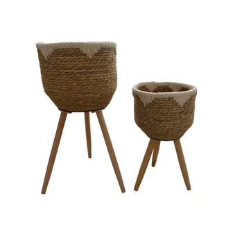 Brown Wicker Baskets Flowerpot With Timber Toe And Plastic Liners for Decoration | Rusticozy UK