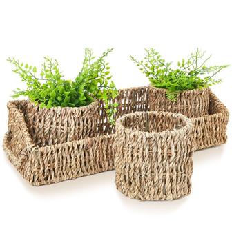Eco Friendly Set Of 3 Wicker Round Storage Baskets For Shelves With Rectangular Seagrass Tray | Rusticozy CA