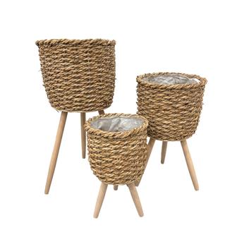 Grass Basket With Wood Feet Flower Planters Pots Basket Decorative Planter For Home Garden Decoration | Rusticozy CA