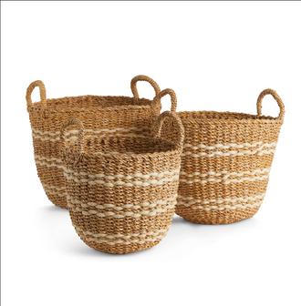 Hand Woven Braided Seagrass Basket Storage With Handles Seagrass Laundry Basket Seagrass Plant Basket | Rusticozy