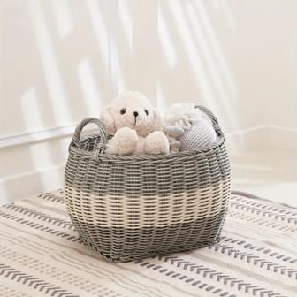 Handmade Oval Resin Woven Wicker Multi-Use Storage Basket With Handles White Gray For Towel Toys | Rusticozy CA
