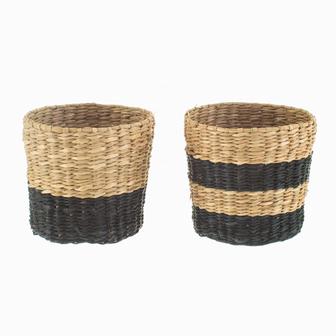 Indoor Plant Pots Natural Natural And Black Small Seagrass Planter Hand Woven Seagrass Flower Pots | Rusticozy UK