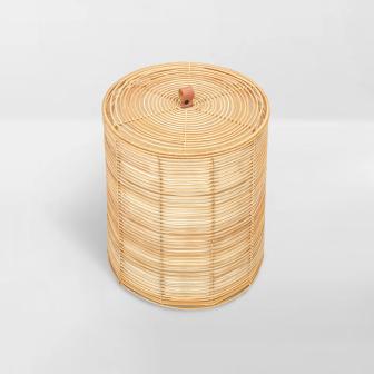 Large Round Rattan Hamper With Liner and Lid Striped Rattan Storage Basket | Rusticozy AU