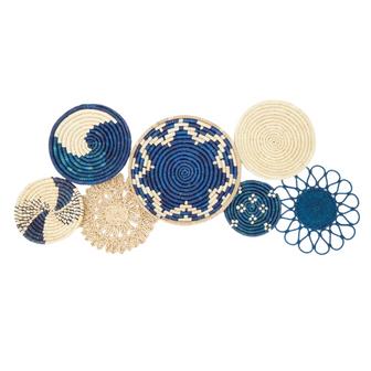 Living Room Decor Bohemian Wall Hangings Handmade Blue Tone Seagrass Woven Round Shape Baskets | Rusticozy CA