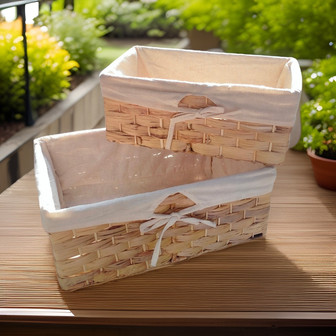 Set Of 2 Water Hyacinth Rectangular Baskets Braid Weaving With Cotton Liner For Dried Food Bread Food | Rusticozy